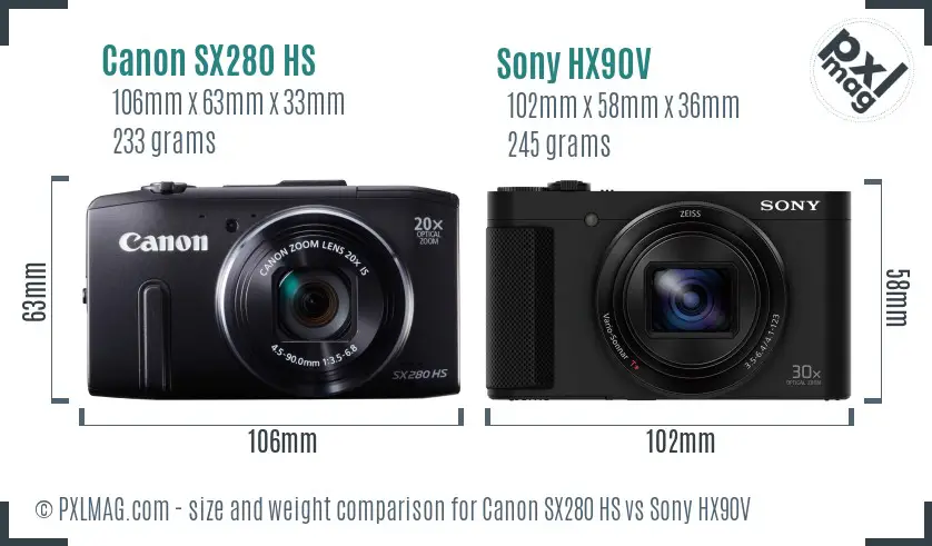 Canon SX280 HS vs Sony HX90V size comparison