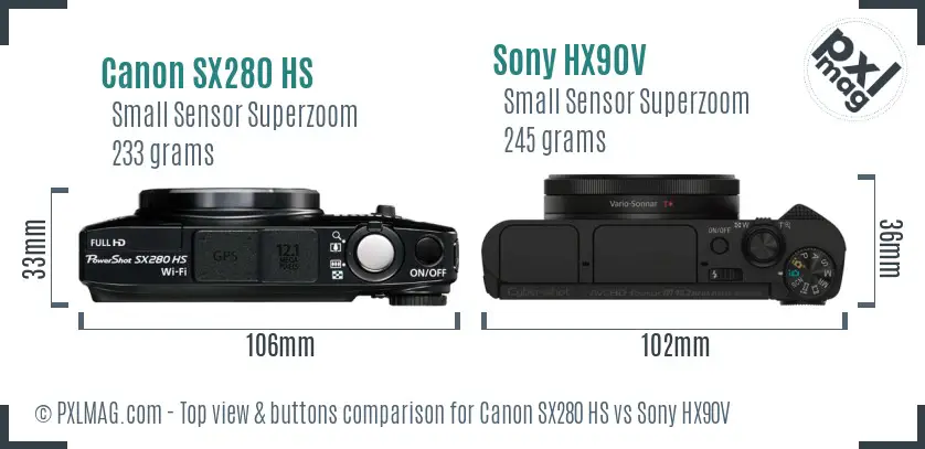 Canon SX280 HS vs Sony HX90V top view buttons comparison