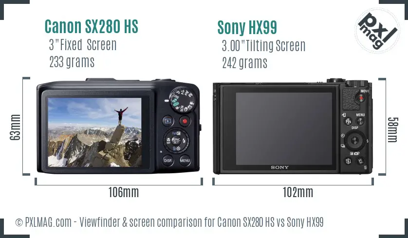 Canon SX280 HS vs Sony HX99 Screen and Viewfinder comparison
