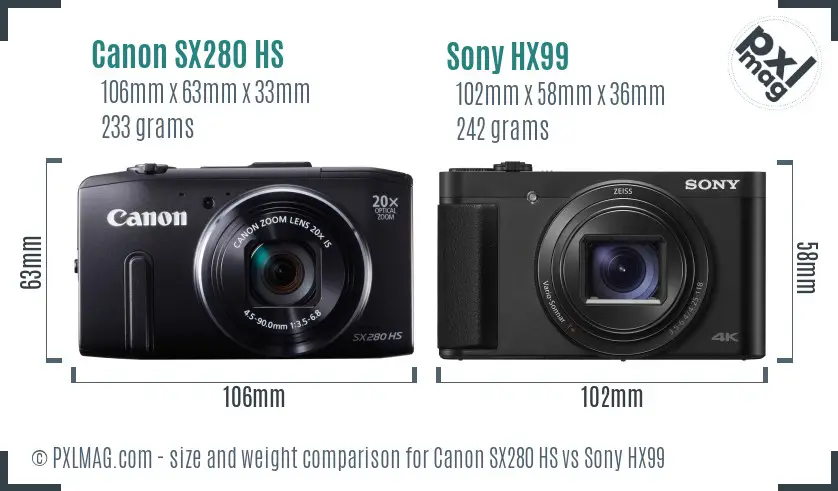 Canon SX280 HS vs Sony HX99 size comparison