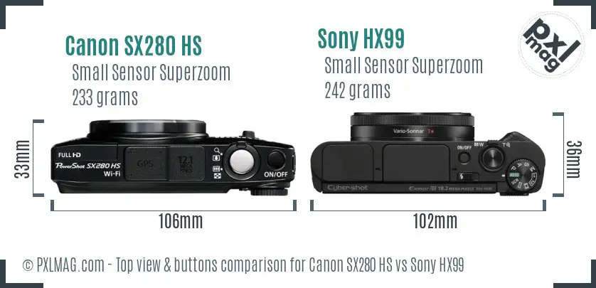 Canon SX280 HS vs Sony HX99 top view buttons comparison