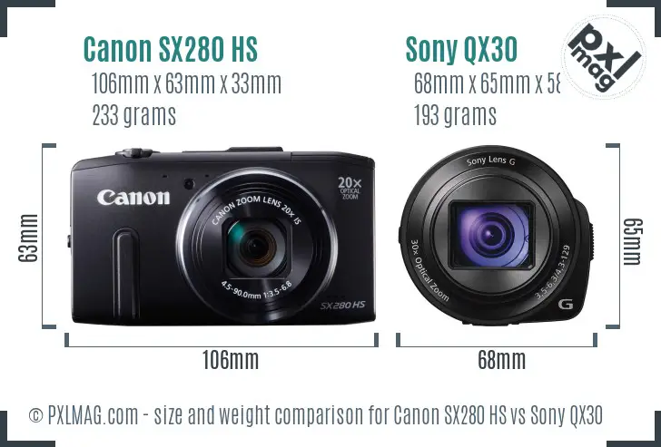 Canon SX280 HS vs Sony QX30 size comparison