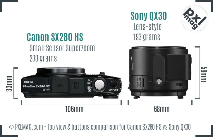 Canon SX280 HS vs Sony QX30 top view buttons comparison