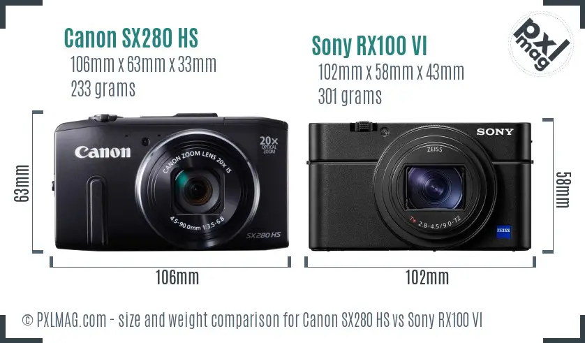 Canon SX280 HS vs Sony RX100 VI size comparison