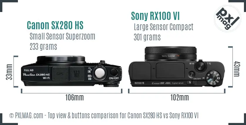 Canon SX280 HS vs Sony RX100 VI top view buttons comparison