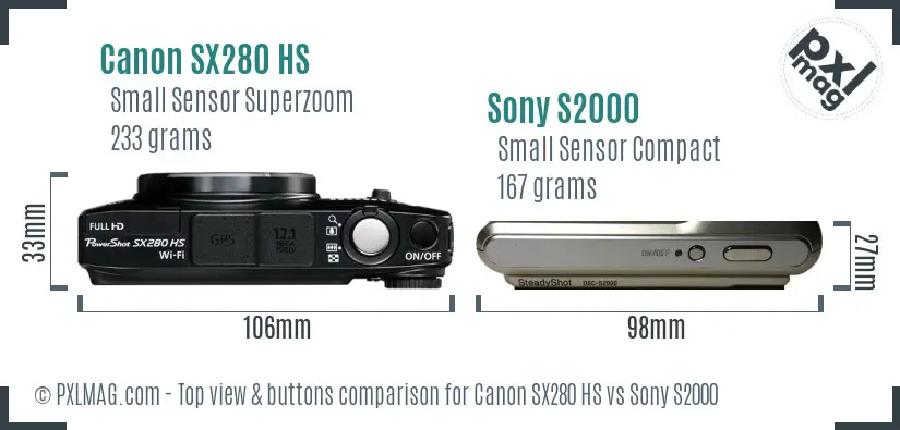 Canon SX280 HS vs Sony S2000 top view buttons comparison