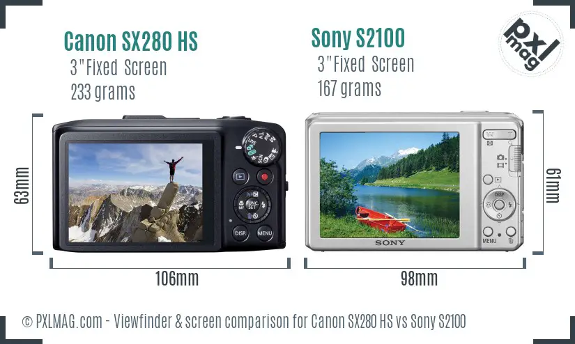 Canon SX280 HS vs Sony S2100 Screen and Viewfinder comparison