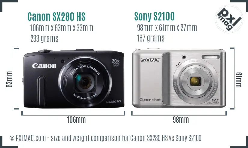Canon SX280 HS vs Sony S2100 size comparison