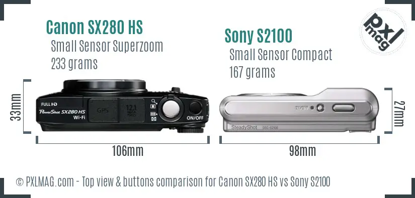 Canon SX280 HS vs Sony S2100 top view buttons comparison
