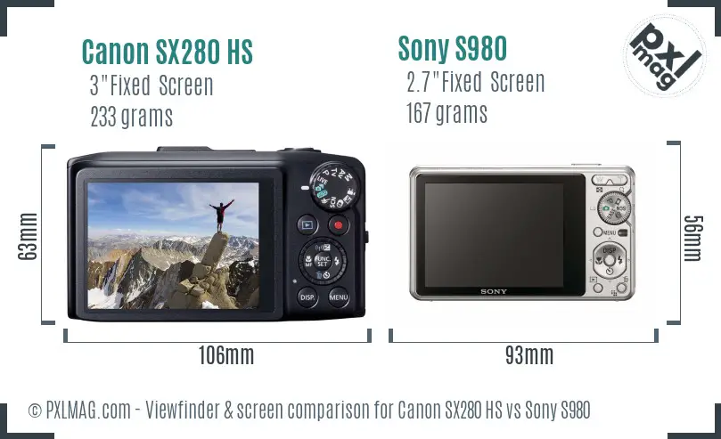 Canon SX280 HS vs Sony S980 Screen and Viewfinder comparison