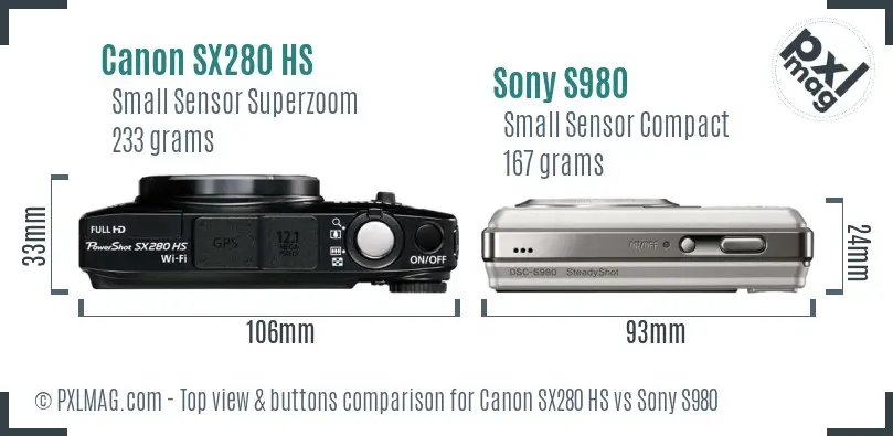 Canon SX280 HS vs Sony S980 top view buttons comparison