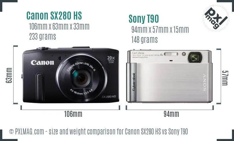 Canon SX280 HS vs Sony T90 size comparison