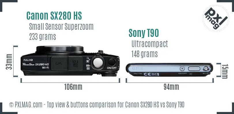 Canon SX280 HS vs Sony T90 top view buttons comparison