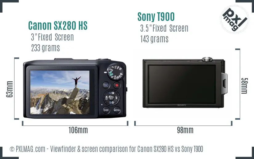 Canon SX280 HS vs Sony T900 Screen and Viewfinder comparison