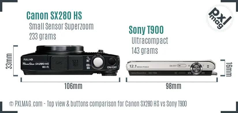 Canon SX280 HS vs Sony T900 top view buttons comparison