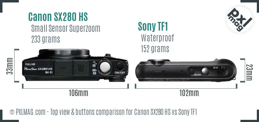 Canon SX280 HS vs Sony TF1 top view buttons comparison Canon SX280 HS vs Sony TF1 top view buttons comparison