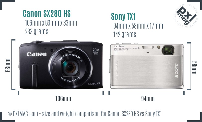Canon SX280 HS vs Sony TX1 size comparison