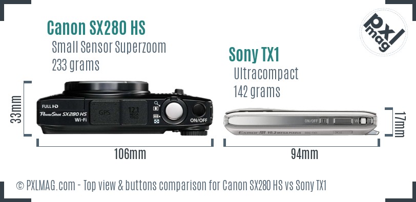 Canon SX280 HS vs Sony TX1 top view buttons comparison