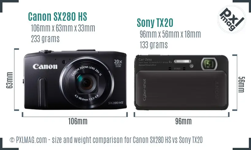 Canon SX280 HS vs Sony TX20 size comparison
