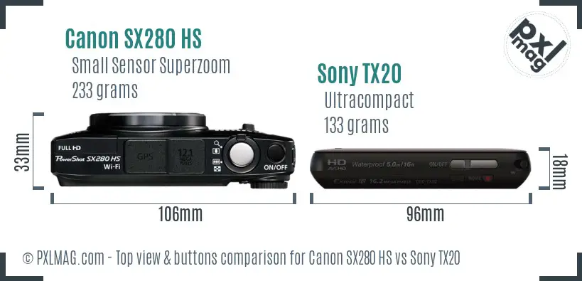 Canon SX280 HS vs Sony TX20 top view buttons comparison