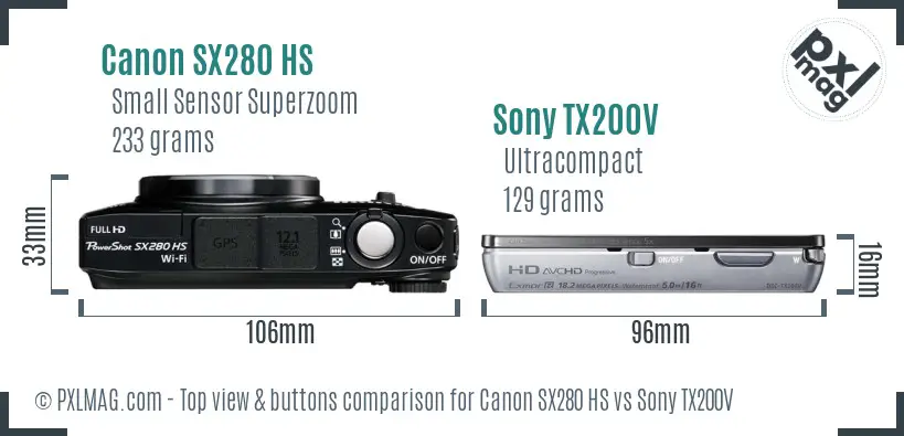 Canon SX280 HS vs Sony TX200V top view buttons comparison Canon SX280 HS vs Sony TX200V top view buttons comparison