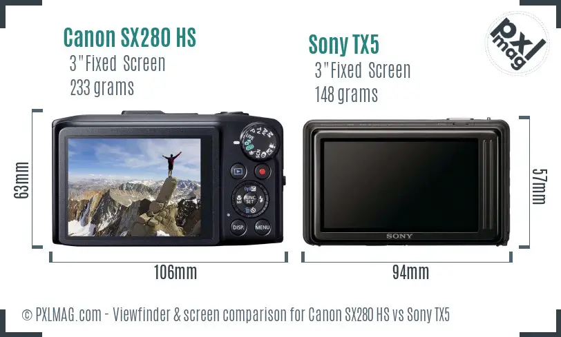 Canon SX280 HS vs Sony TX5 Screen and Viewfinder comparison