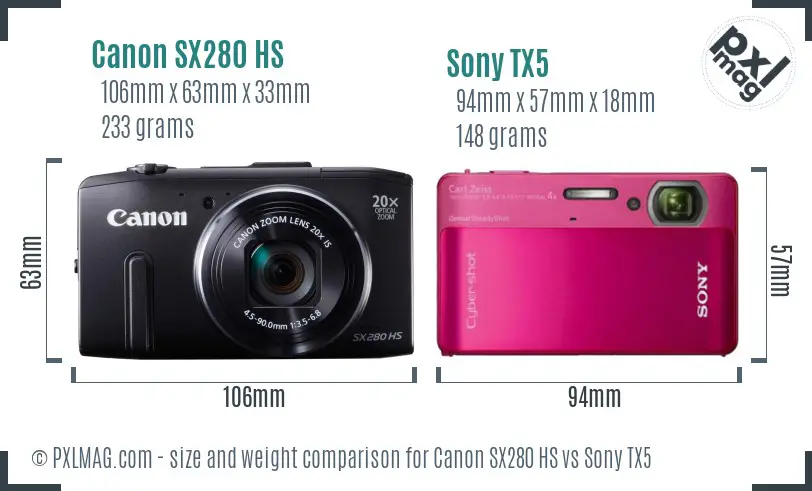 Canon SX280 HS vs Sony TX5 size comparison