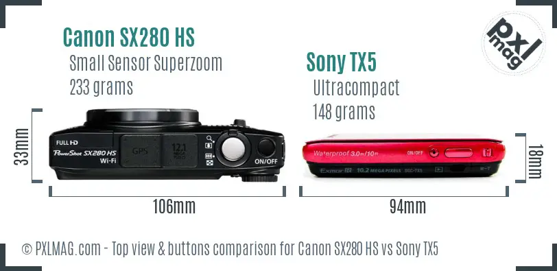 Canon SX280 HS vs Sony TX5 top view buttons comparison