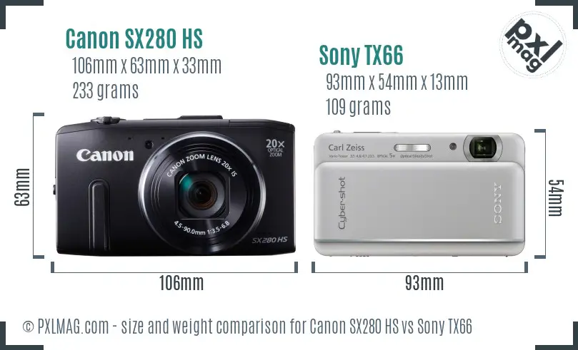 Canon SX280 HS vs Sony TX66 size comparison Canon SX280 HS vs Sony TX66 size comparison
