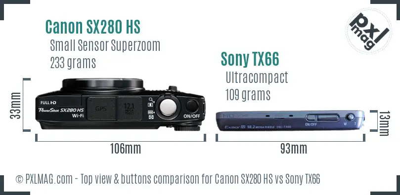Canon SX280 HS vs Sony TX66 top view buttons comparison Canon SX280 HS vs Sony TX66 top view buttons comparison