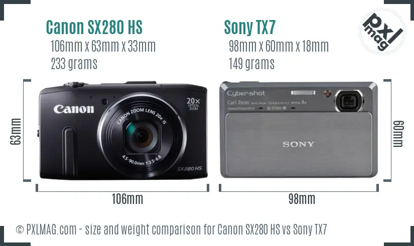 Canon SX280 HS vs Sony TX7 size comparison