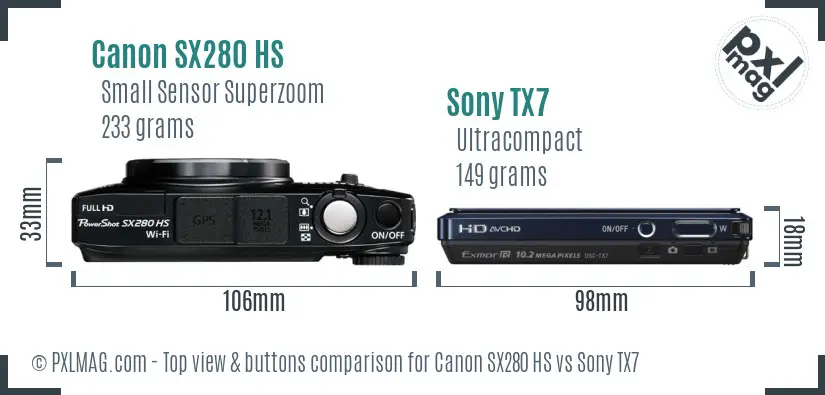 Canon SX280 HS vs Sony TX7 top view buttons comparison