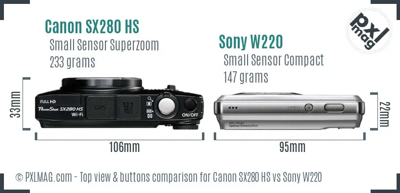 Canon SX280 HS vs Sony W220 top view buttons comparison Canon SX280 HS vs Sony W220 top view buttons comparison