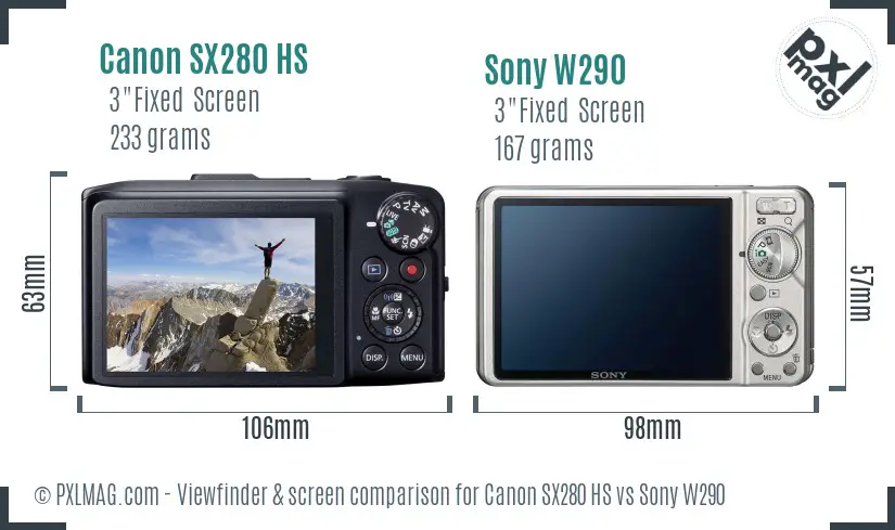 Canon SX280 HS vs Sony W290 Screen and Viewfinder comparison