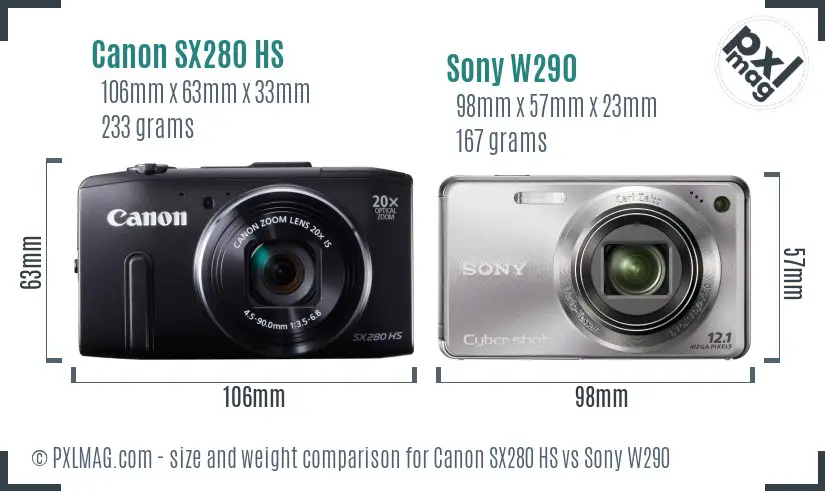 Canon SX280 HS vs Sony W290 size comparison