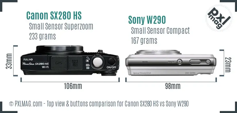 Canon SX280 HS vs Sony W290 top view buttons comparison