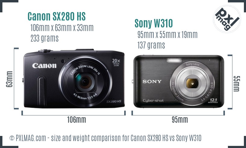 Canon SX280 HS vs Sony W310 size comparison