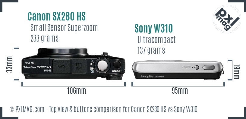 Canon SX280 HS vs Sony W310 top view buttons comparison