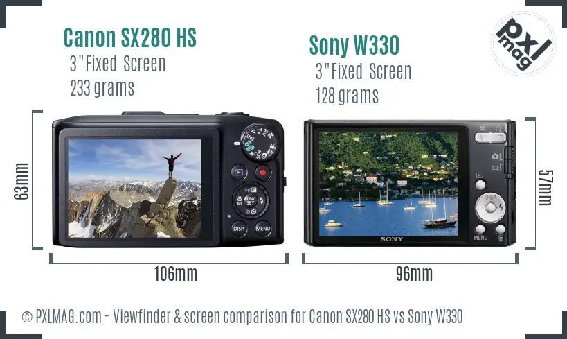 Canon SX280 HS vs Sony W330 Screen and Viewfinder comparison