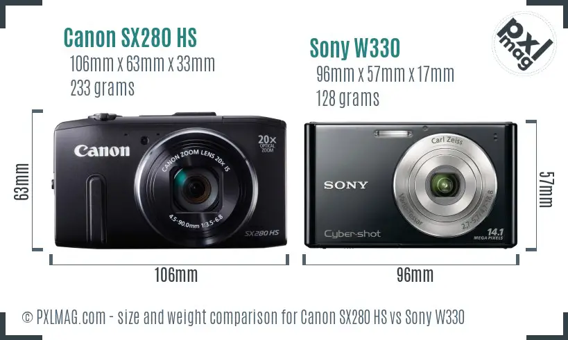 Canon SX280 HS vs Sony W330 size comparison