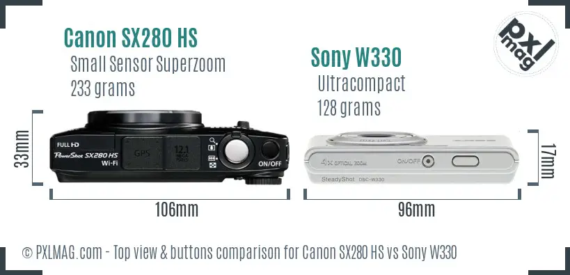 Canon SX280 HS vs Sony W330 top view buttons comparison