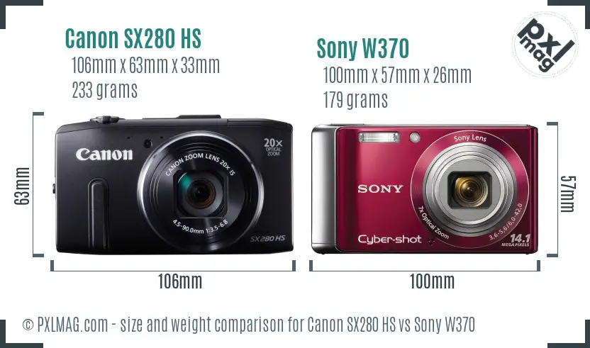 Canon SX280 HS vs Sony W370 size comparison