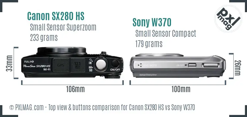 Canon SX280 HS vs Sony W370 top view buttons comparison