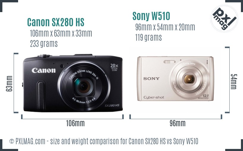 Canon SX280 HS vs Sony W510 size comparison
