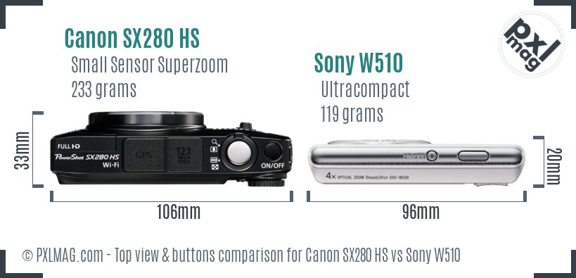 Canon SX280 HS vs Sony W510 top view buttons comparison