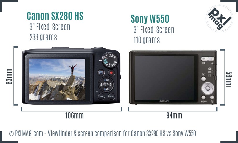 Canon SX280 HS vs Sony W550 Screen and Viewfinder comparison