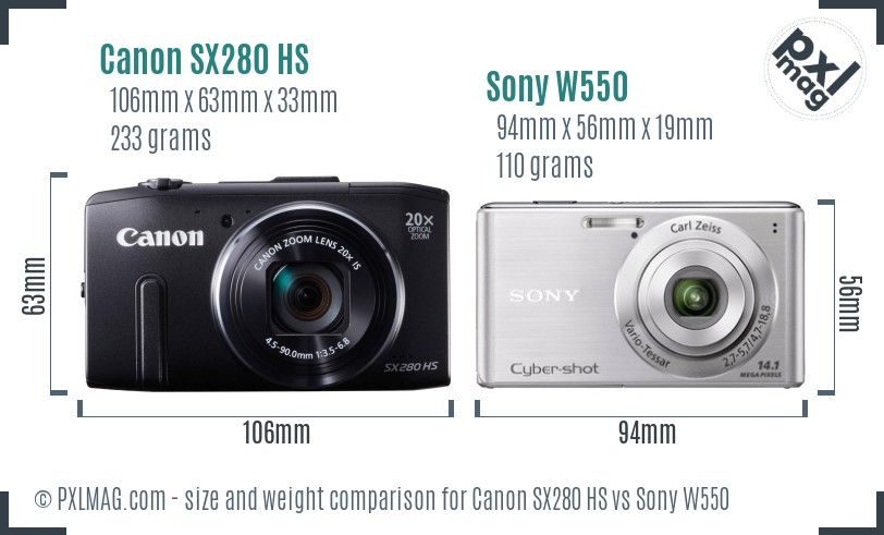 Canon SX280 HS vs Sony W550 size comparison