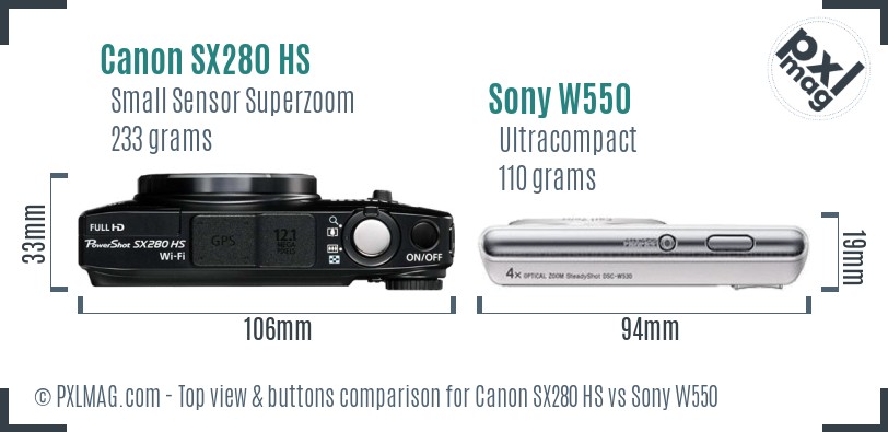 Canon SX280 HS vs Sony W550 top view buttons comparison