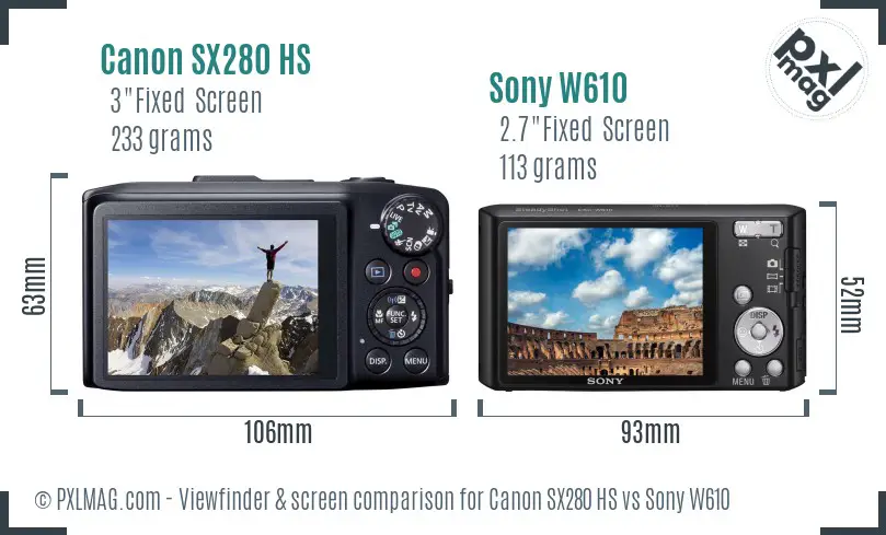 Canon SX280 HS vs Sony W610 Screen and Viewfinder comparison