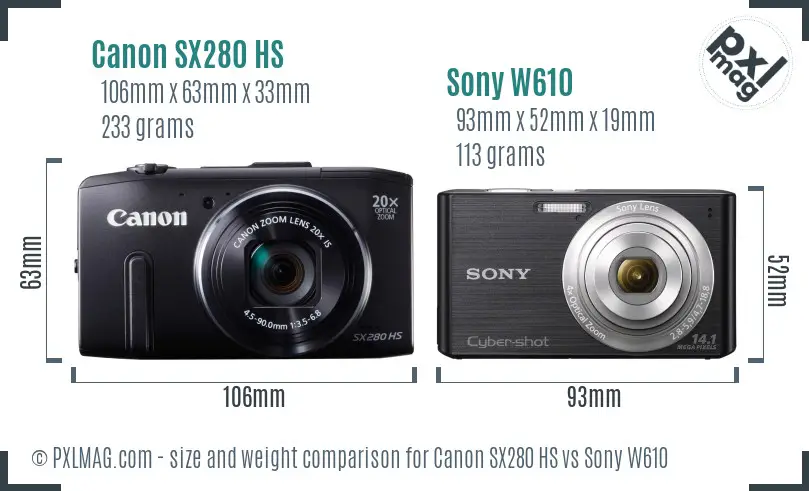 Canon SX280 HS vs Sony W610 size comparison